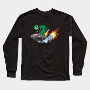 UFO Alien Hot Rod Cartoon Illustration Long Sleeve T-Shirt